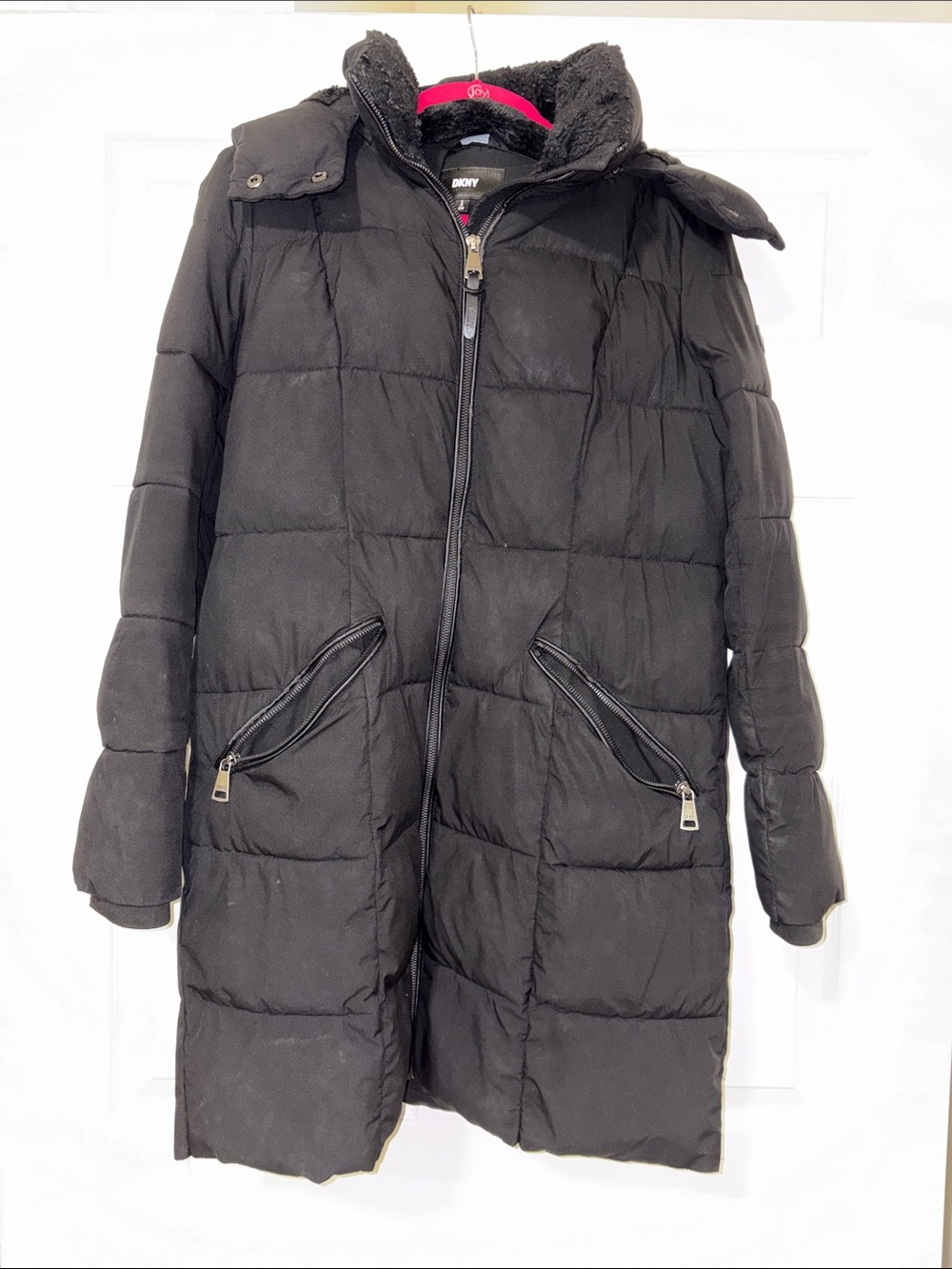 DKNY Black Quilted Long Puffer Jacket with Zippered Pockets